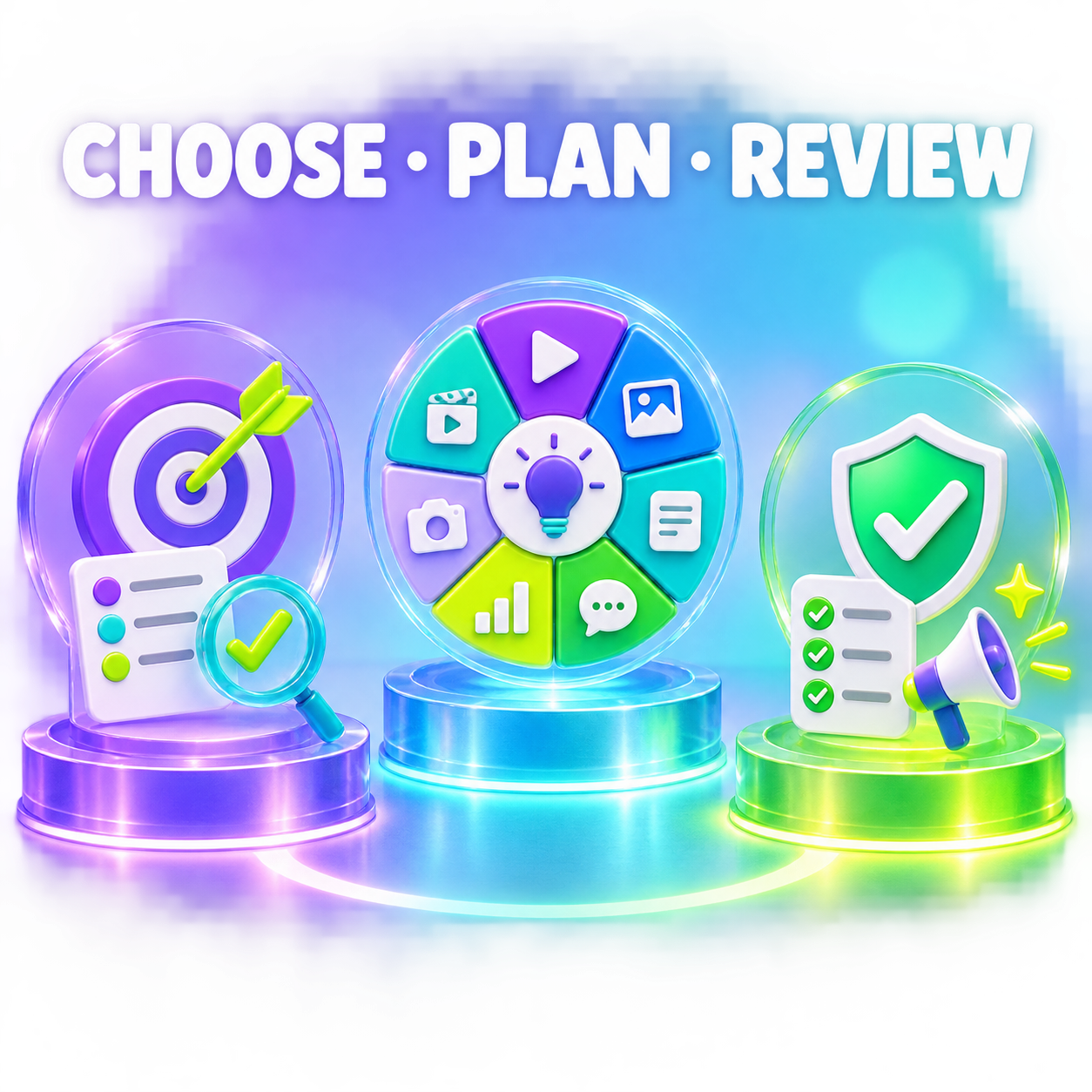Three-step workflow for choosing a goal, planning content, and reviewing posts before publishing.