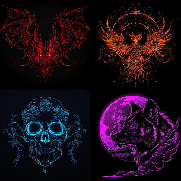 Neon animal and skull art created from an AI image prompt.