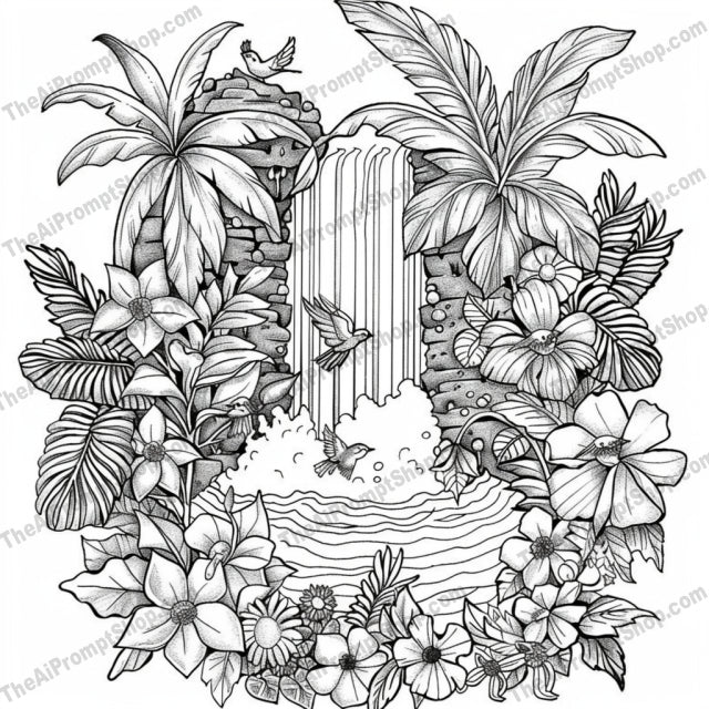 Intricate Nature Coloring Page AI MidJourney Image Prompt, 8936 Coloring Pages, midjourney, coloring page, nature, lighthouse, waves, sea, celestial, moon, stars, ancient tree, mushrooms, birds, tropical, waterfall, flowers, plants, foliage, detailed, monochromatic, art, drawing, Midjourney, Ai, Ai Image Prompt, Image Prompt, Prompt