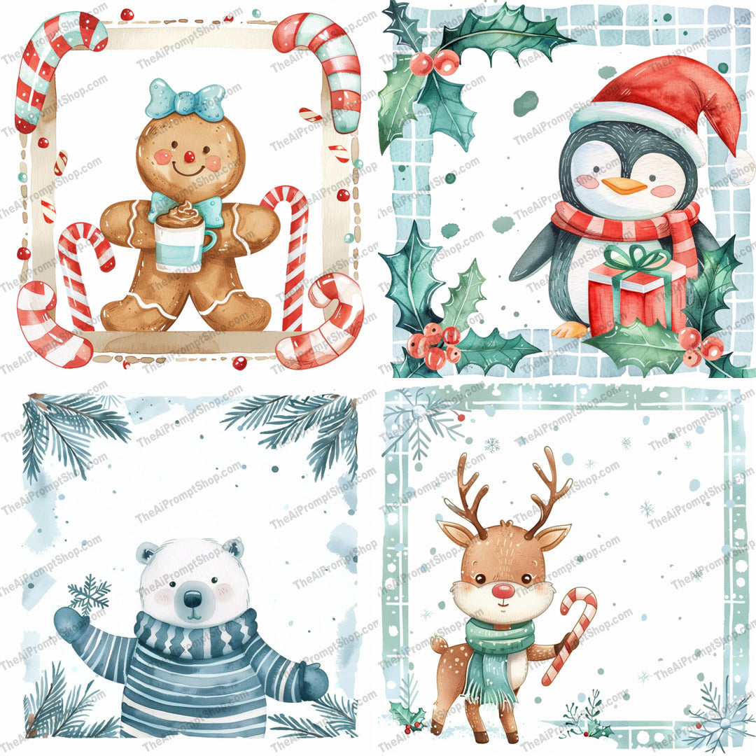 Cute Holiday Characters AI MidJourney Image Prompt, 8814 Animation & Cartoons, midjourney, holiday, gingerbread man, penguin, polar bear, reindeer, Christmas, festive, winter, holiday accents, snowy elements, cute characters, holiday spirit, cheerful illustration, holiday decor, festive animals, holiday artwork, holiday decorations, winter cheer, Santa hat, candy cane, Midjourney, Ai, Ai Image Prompt, Image Prompt, Prompt