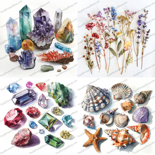 Gemstones, Sea Shells, and Florals AI MidJourney Image Prompt, 8820 Animals, midjourney, gemstones, sea shells, dried flowers, hyper-realistic illustration, nature elements, luxury, vivid colors, detailed textures, natural beauty, crystals, marine life, botanical illustration, jewels, exquisite, collectibles, elegant, visual art, aesthetic, organic, treasures, decorative art, gems, beach, floral arrangements, Midjourney, Ai, Ai Image Prompt, Image Prompt, Prompt