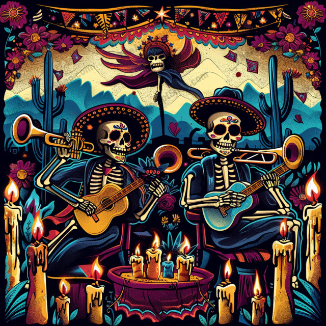 Day of the Dead Skeletons AI MidJourney Image Prompt, 9075 Holidays, midjourney, Day of the Dead, skeletons, celebration, floral, vibrant, colorful, traditional, festival, Mexican culture, decorative, candles, guitar, moonlight, festive, intricate, detailed, art, skull, sombrero, lanterns, Midjourney, Ai, Ai Image Prompt, Image Prompt, Prompt