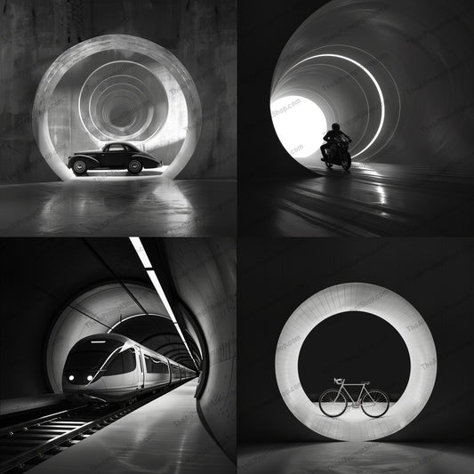 Monochrome Vehicles in Tunnel AI MidJourney Image Prompt, 8689 Futuristic, midjourney, monochrome, vehicles, tunnel, modern, futuristic, light and shadow, motion, depth, sophistication, sleek, stylized, vehicle, car, motorcycle, bicycle, train, transportation, minimalist, artistic, high-contrast, Midjourney, Ai, Ai Image Prompt, Image Prompt, Prompt