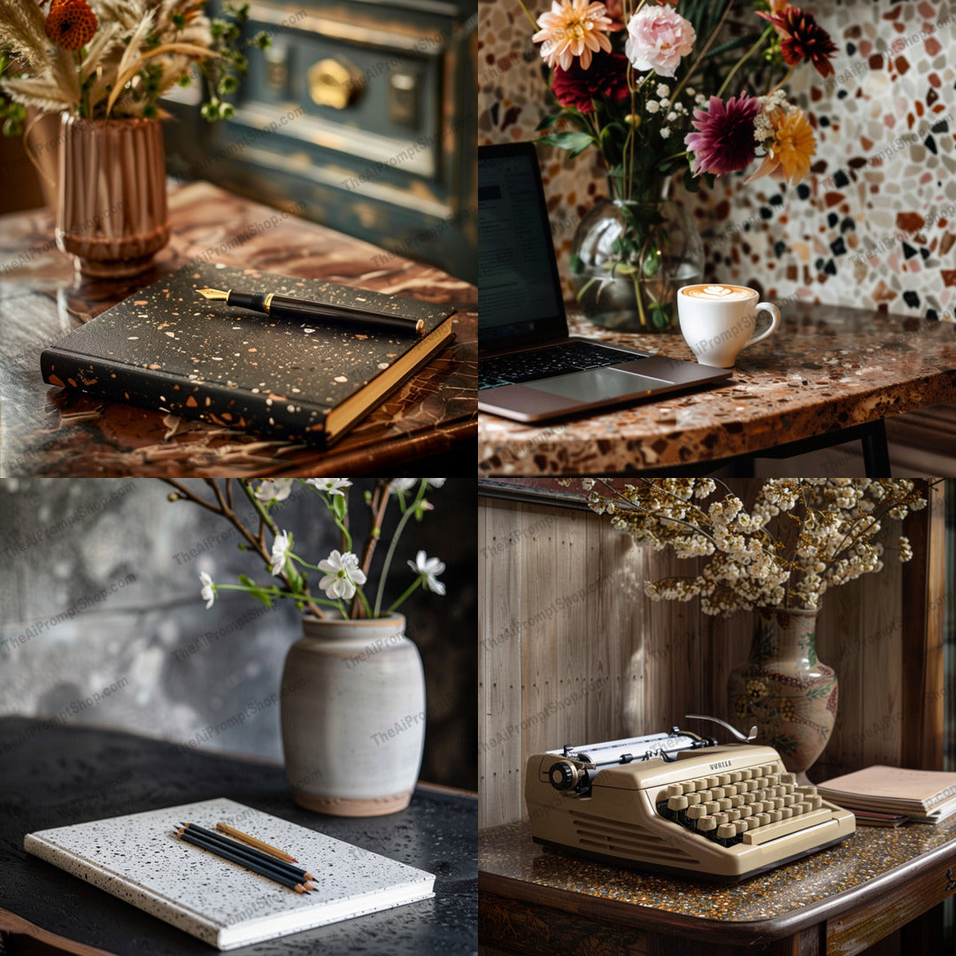 Vintage Workspace AI MidJourney Image Prompt, 9143 Florals, midjourney, vintage, workspace, typewriter, flowers, vases, notebooks, laptop, retro, cozy, creative, study, work, aesthetic, decor, desk, marble, terrazzo, writing, journal, office, Midjourney, Ai, Ai Image Prompt, Image Prompt, Prompt