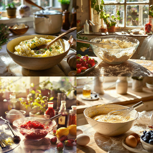 Rustic Kitchen Cooking Scene AI MidJourney Image Prompt, 8885 Food, midjourney, rustic kitchen, cooking, home cooking, natural light, food preparation, fresh ingredients, sunlit kitchen, cozy kitchen, culinary process, whisking, baking, strawberries, mashed potatoes, kitchen utensils, eggs, butter, herbs, recipe, homemade meal, kitchen decor, Midjourney, Ai, Ai Image Prompt, Image Prompt, Prompt