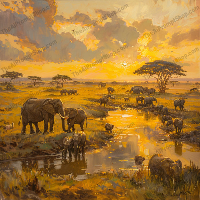 Scenic Landscape Painting AI MidJourney Image Prompt, 9176 Landscapes & Paintings, midjourney, landscape, painting, nature, autumn, lake, mountains, blue sky, sunset, savanna, elephants, valley, stream, dusk, impressionistic, serene, majestic, breathtaking, tranquil, scenic, artwork, Midjourney, Ai, Ai Image Prompt, Image Prompt, Prompt