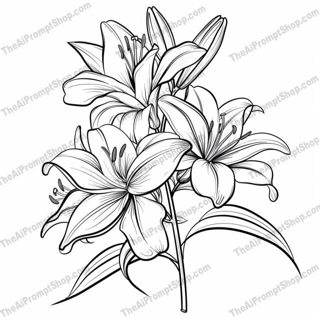 Elegant Flower Bouquet Line Art AI MidJourney Image Prompt, 8189art, black and white, botanical, classic, daisies, detailed, drawing, elegant, floral design, flower bouquet line art, illustration, leavesmidjourney, lilies, nature, petals, roses, sketch, sunflowers