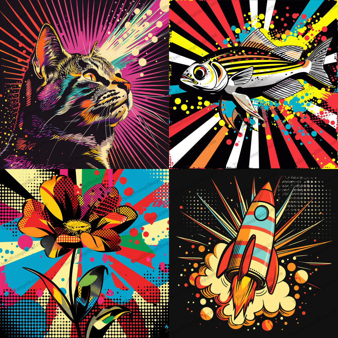 Pop Art Rocket Launch AI MidJourney Image Prompt, 9620 — A dynamic and colorful Pop Art style image featuring a rocket launching with vibrant geometric… — cover image
