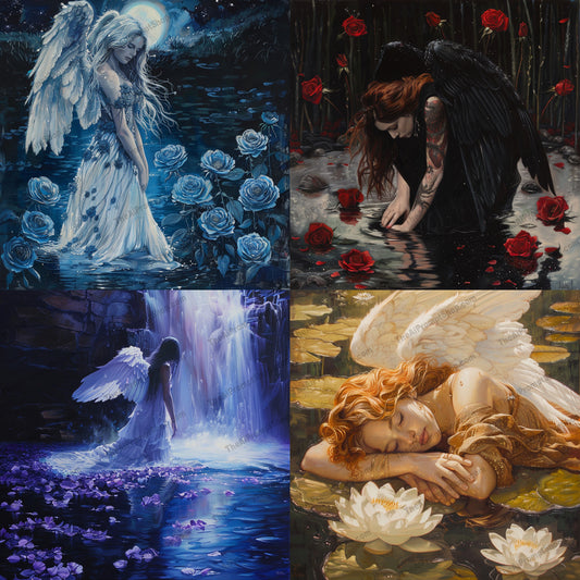 Ethereal Angel Art AI MidJourney Image Prompt, 8882 Character Art, midjourney, angel art, ethereal, fantasy art, serene setting, divine beings, mystical, intricate details, vibrant colors, celestial, water lilies, roses, moonlit night, waterfall, spiritual, tranquil, winged figures, heavenly, nature, emotional, imaginative, Midjourney, Ai, Ai Image Prompt, Image Prompt, Prompt