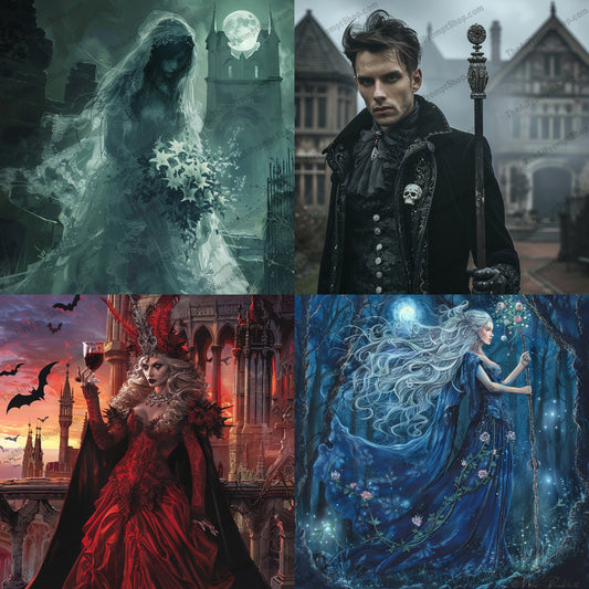 Gothic Fantasy Characters AI MidJourney Image Prompt, 9192 Fantasy, midjourney, gothic, fantasy, character, art, mystical, enchanting, dramatic, detailed, costume, vintage, elegant, magical, dark, background, intricate, portrait, creative, visual, illustration, moody, Midjourney, Ai, Ai Image Prompt, Image Prompt, Prompt