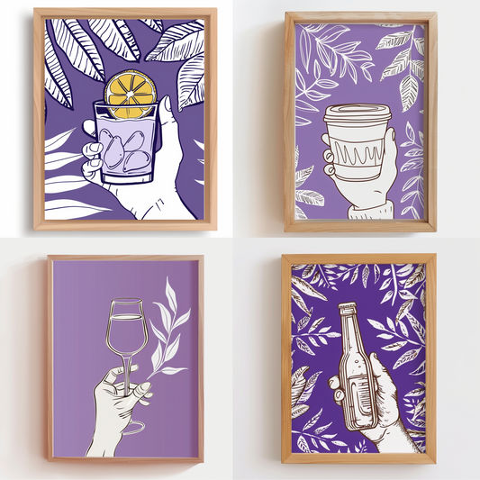 Cheers in Style AI MidJourney Image Prompt, 8019artistic, beer, beverage, botanical, chic, cocktail, coffee, contemporary, decor, drinks, framed art, graphic design, hand-drawn, midjourney, minimalist, modern art, purple, stylish, wall art, wine