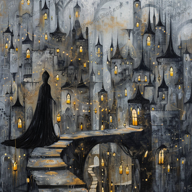 Mysterious Lantern-Lit City AI MidJourney Image Prompt, 8928 Animation & Cartoons, midjourney, mysterious, lanterns, cityscape, fantasy, dark, night, castle, silhouette, cloaked figure, floating lights, enchanting, mesmerizing, pathways, fantasy city, magical, nighttime, whimsical, dreamlike, gothic, moody, Midjourney, Ai, Ai Image Prompt, Image Prompt, Prompt