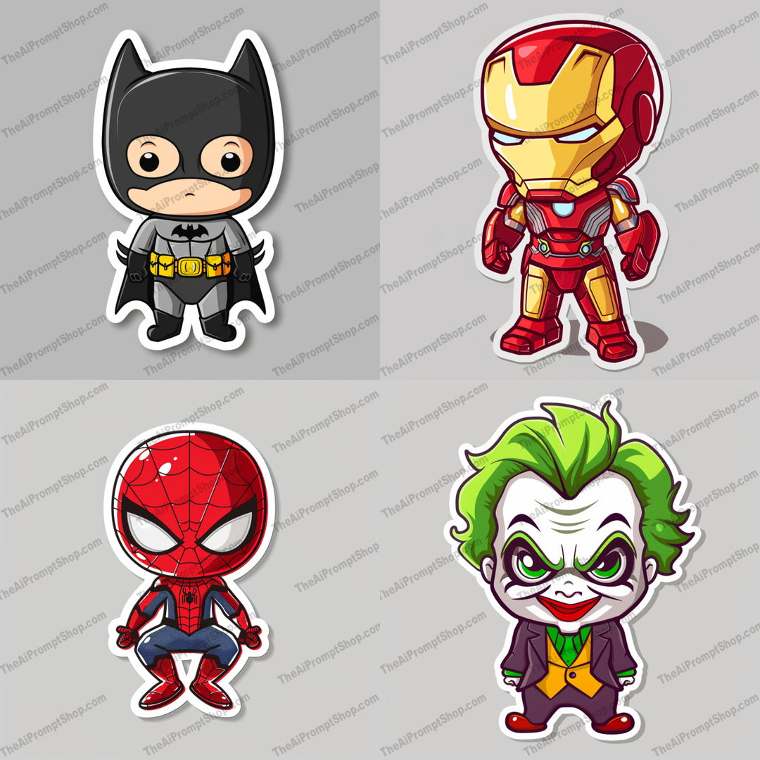 Chibi Style Superheroes and Villains AI MidJourney Image Prompt, 8794 Animation & Cartoons, midjourney, chibi, superheroes, villains, cute, adorable, Batman, Iron Man, Spider-Man, Joker, comic book, cartoon, illustration, fan art, adorable characters, heroic, villainous, miniature, artistic, colorful, detailed, comic fan art, merchandise, character design, Midjourney, Ai, Ai Image Prompt, Image Prompt, Prompt