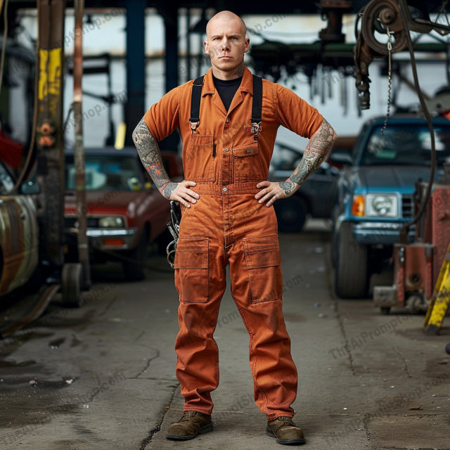 Mechanic Fashion in the Garage AI MidJourney Image Prompt, 9512 Character Art, midjourney, mechanic, fashion, garage, style, overalls, industrial, vintage cars, authentic, rugged, aesthetic, hard work, dedication, modern, colorful overalls, tattoos, edgy, raw, composition, industrial backdrop, vintage vehicles, Midjourney, Ai, Ai Image Prompt, Image Prompt, Prompt