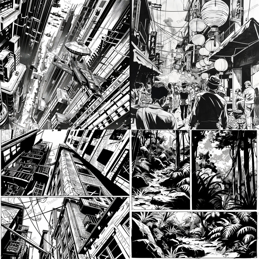 Black and White Comic Art AI MidJourney Image Prompt, 8816 Isometrics & Icons, midjourney, black and white, comic art, urban, cityscape, jungle, nature, street market, lanterns, buildings, skyscrapers, alleyways, architecture, illustration, graphic novel, artistic, detailed, contrast, monochrome, scene, environment, Midjourney, Ai, Ai Image Prompt, Image Prompt, Prompt