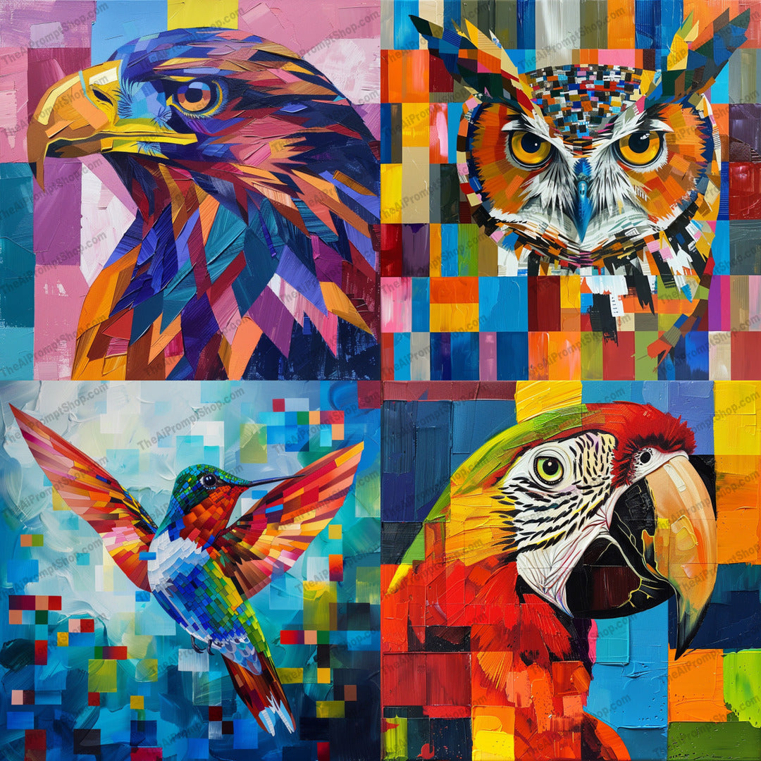 Vibrant Geometric Birds Art AI MidJourney Image Prompt, 9099 Animals, midjourney, vibrant, geometric, birds, art, colorful, modern, stylized, bold, contrasting colors, eagle, owl, hummingbird, parrot, detailed, artistic, creative, decorative, contemporary, abstract, nature, Midjourney, Ai, Ai Image Prompt, Image Prompt, Prompt