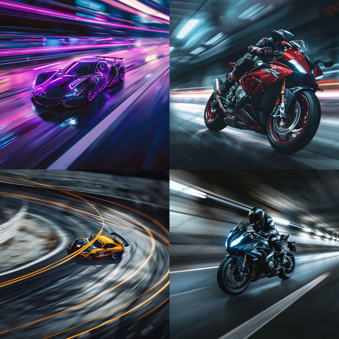 High-Speed Thrills AI MidJourney Image Prompt, 8937 Animation & Cartoons, midjourney, speed, racing, vehicles, car, motorcycle, adrenaline, high-performance, urban, nightscape, illumination, motion, sleek design, vibrant, modern, automotive, engineering, thrill, dynamic, fast-paced, technology, Midjourney, Ai, Ai Image Prompt, Image Prompt, Prompt