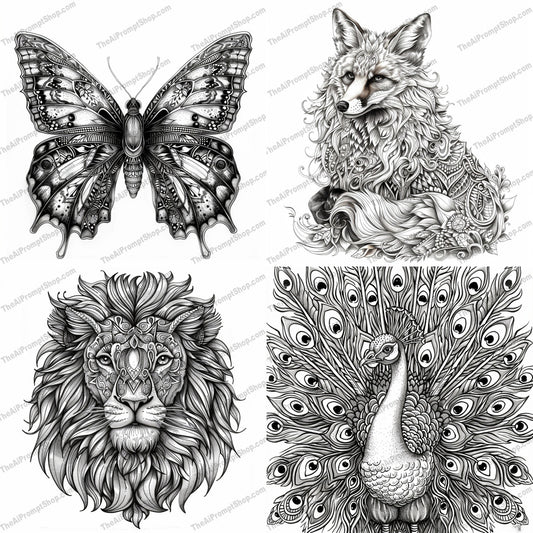 Intricate Animal Illustrations AI MidJourney Image Prompt, 9419 Coloring Pages, midjourney, intricate, animal, illustration, black and white, detailed, elaborate, art, design, patterns, textures, fox, lion, peacock, butterfly, nature, wildlife, artistic, decorative, elegant, beautiful, creative, sketch, drawing, Midjourney, Ai, Ai Image Prompt, Image Prompt, Prompt