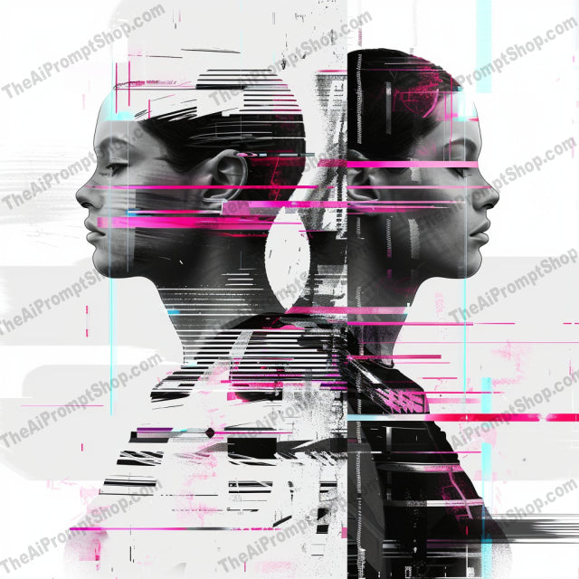 Glitched Portrait Art AI MidJourney Image Prompt, 8649abstract, Ai, Ai Image Prompt, artistic, color streaks, contemporary, creative, decor, digital art, distorted, edgy, futuristic, glitch, glitch effect, Image Prompt, innovation, midjourney, modern, portrait, portrait art, Portraits & People, Prompt, stylized, technology, vibrant, visual art