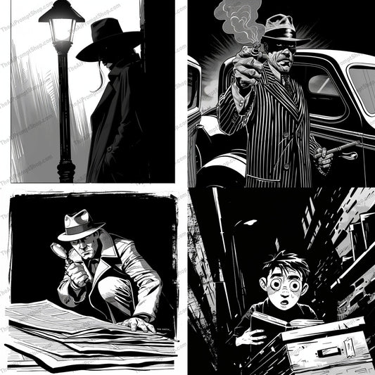 Noir Detective Illustration AI MidJourney Image Prompt, 8719 Animation & Cartoons, midjourney, noir, detective, black and white, illustration, vintage, crime fiction, mystery, drama, film noir, retro, classic, high contrast, suspense, shadow, hat, trench coat, cigarette, street lamp, newspaper, alley, Midjourney, Ai, Ai Image Prompt, Image Prompt, Prompt