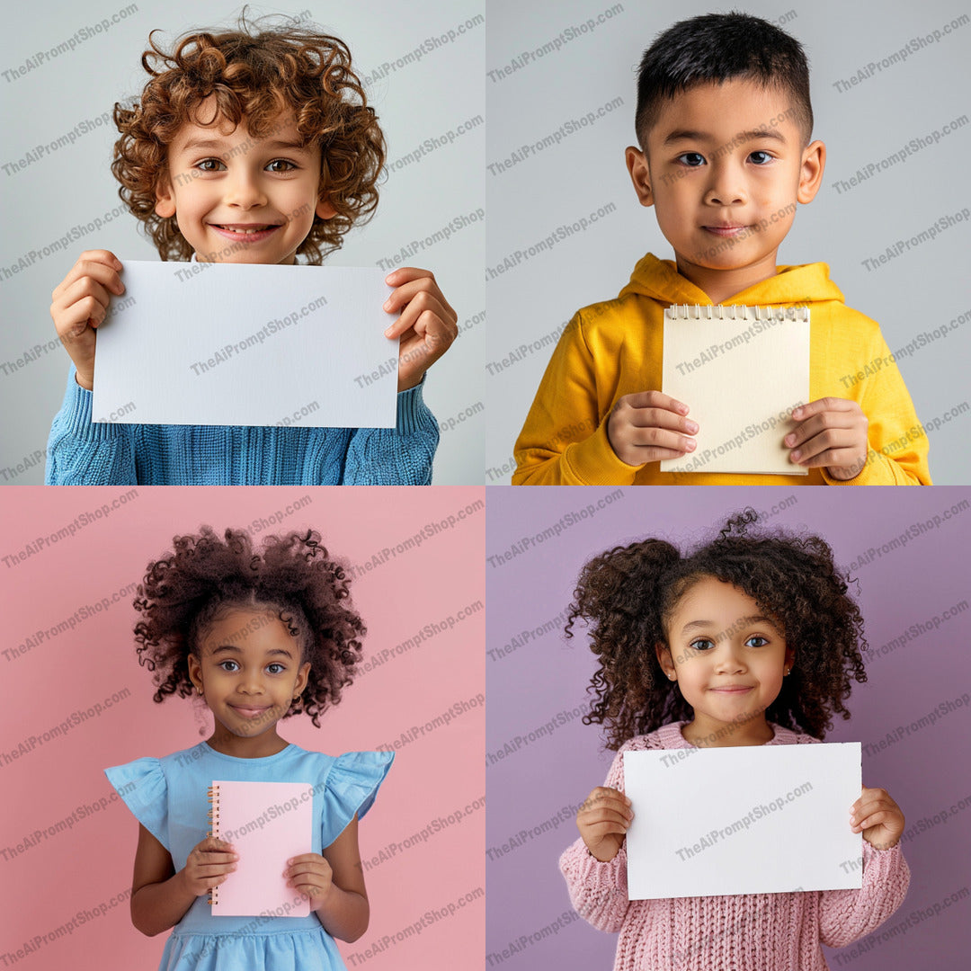 Children Holding Blank Signs AI MidJourney Image Prompt, 8813 Animals, midjourney, children, kids, blank sign, diverse children, colorful background, casual clothing, multicultural, fun, playful, cheerful, childhood, advertisement, poster, message board, announcement, kids fashion, ethnic diversity, communication, sign holding, youth, Midjourney, Ai, Ai Image Prompt, Image Prompt, Prompt