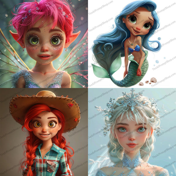 Whimsical fantasy characters illustration in a vintage-inspired style created from an AI image prompt.