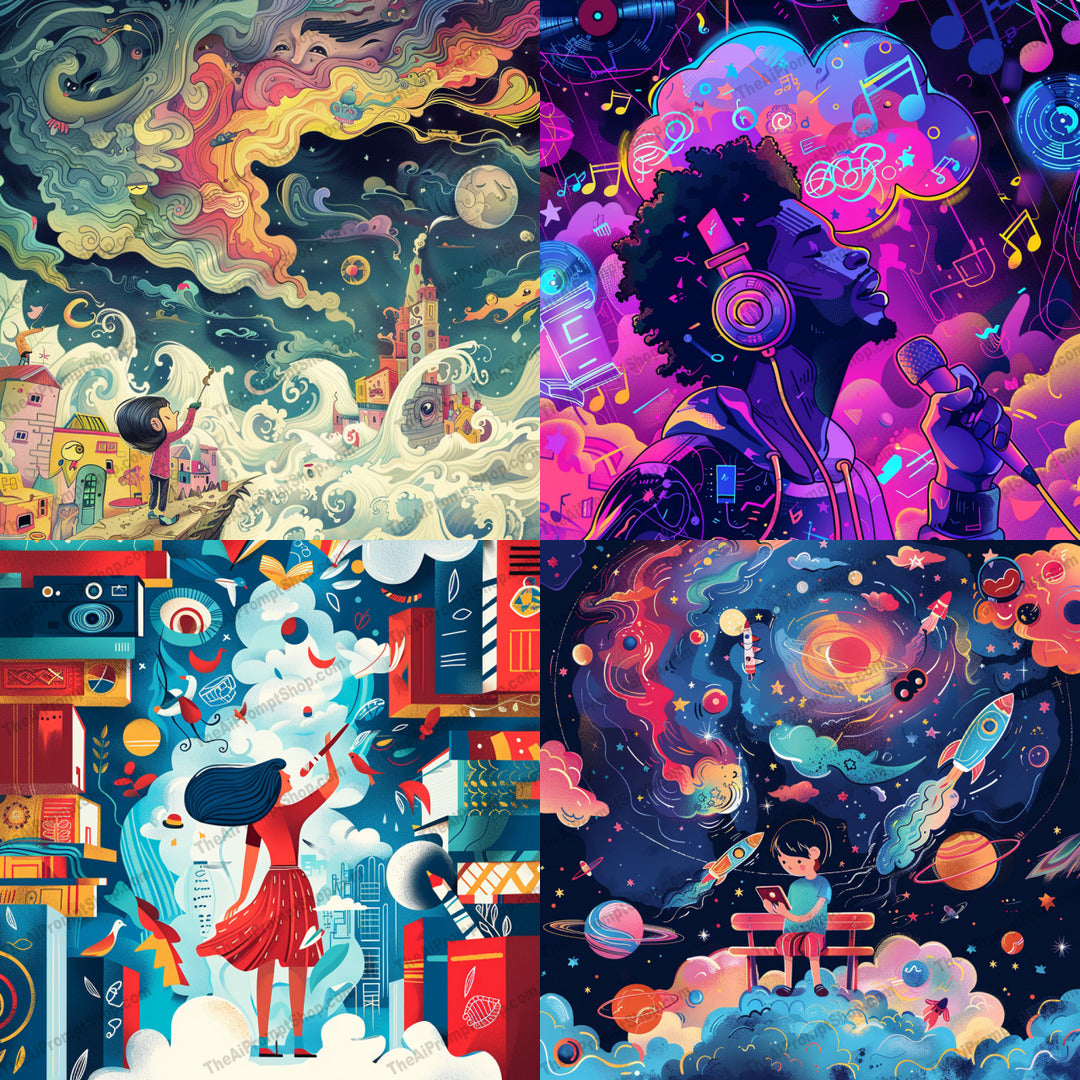 Dreamy Adventure AI MidJourney Image Prompt, 8976 Animation & Cartoons, midjourney, vibrant, whimsical, imaginative, fantasy, colorful, dreamy, surreal, fantastical, adventure, creative, artistic, dreamscape, illustration, fantasy art, colorful clouds, night sky, childlike wonder, musical elements, cosmic, storytelling, Midjourney, Ai, Ai Image Prompt, Image Prompt, Prompt