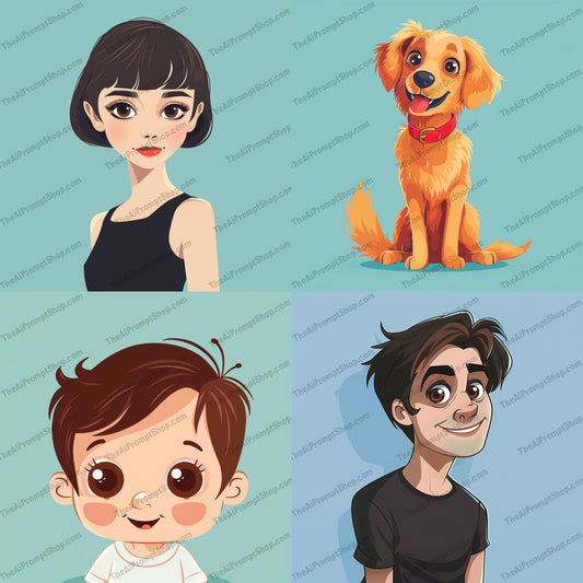 Cute Cartoon Characters AI MidJourney Image Prompt, 8694 Character Art, midjourney, cartoon, characters, adorable, cute, dog, kids, playful, illustration, art, animated, charming, design, fun, cute animals, children, character art, style, graphic, drawings, animation, Midjourney, Ai, Ai Image Prompt, Image Prompt, Prompt