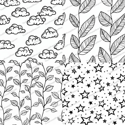 Black and White Pattern Designs AI MidJourney Image Prompt, 8716 Patterns & Wallpapers, midjourney, black and white, illustration, pattern, clouds, leaves, stars, coloring, art, design, abstract, minimalist, nature, sky, botanical, floral, doodle, line art, simple, elegant, decorative, Midjourney, Ai, Ai Image Prompt, Image Prompt, Prompt