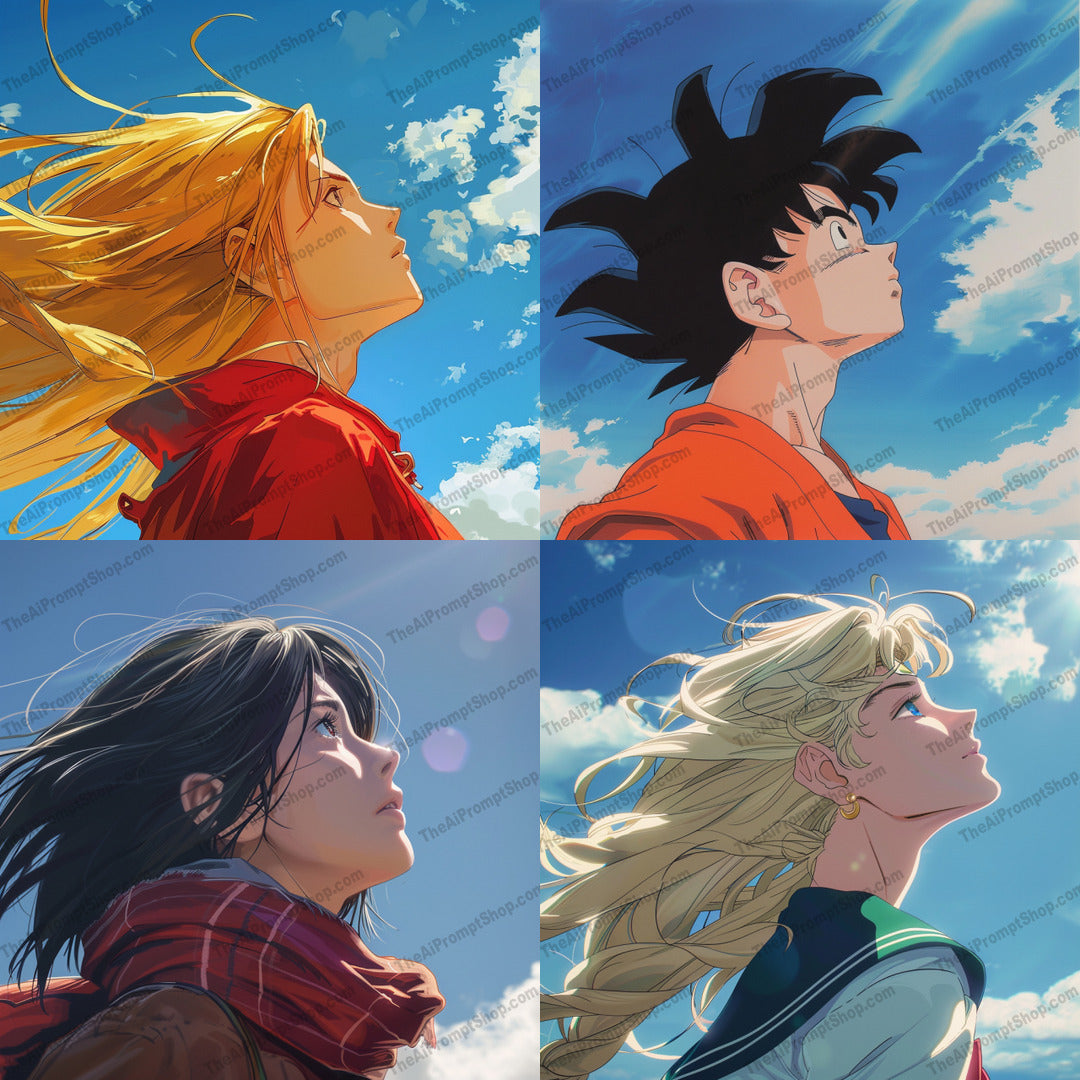 Anime Character in Sky AI MidJourney Image Prompt, 9236 Anime, midjourney, anime, character, sky, wind, freedom, dynamic, uplifting, animation, bright, blue, expansive, aspiration, flowing hair, art, style, clouds, hopeful, inspirational, visual, manga, Midjourney, Ai, Ai Image Prompt, Image Prompt, Prompt