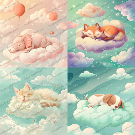 Sleeping Animals on Clouds AI MidJourney Image Prompt, 9646 Animals, midjourney, sleeping animals, cloud, pastel, dreamy, whimsical, adorable, baby animals, elephant, fox, kitten, puppy, serene, fluffy clouds, cute illustration, peaceful, fantasy, soft colors, nursery decor, relaxing, gentle, Midjourney, Ai, Ai Image Prompt, Image Prompt, Prompt