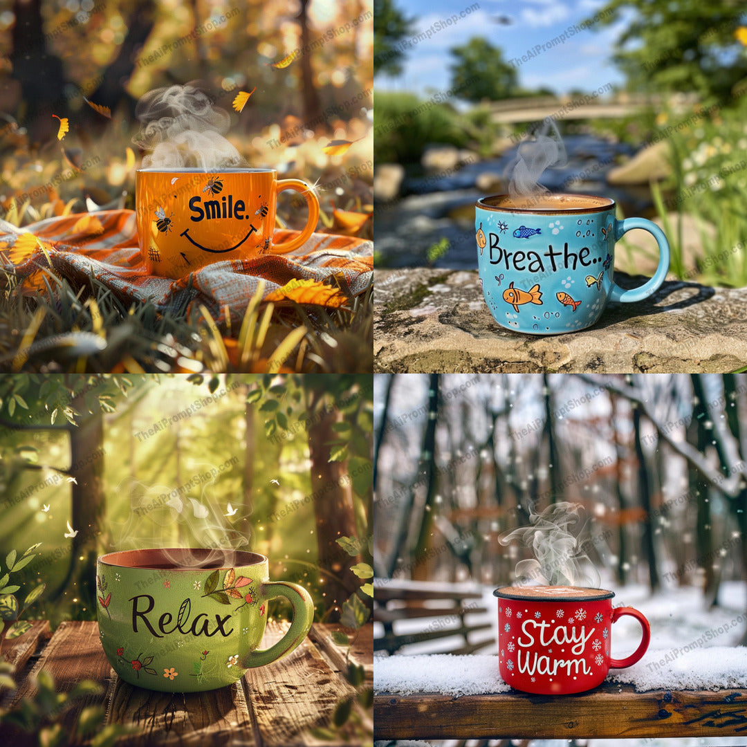 Motivational Mugs in Nature AI MidJourney Image Prompt, 8752 Mockups - Products, midjourney, motivational mug, inspirational mug, nature background, seasonal settings, relaxing vibe, mindfulness, cozy atmosphere, coffee mug, outdoor setting, seasonal theme, autumn leaves, spring flowers, winter snow, summer greenery, motivational text, seasonal imagery, serene environment, peaceful setting, nature-inspired, mindful moments, Midjourney, Ai, Ai Image Prompt, Image Prompt, Prompt