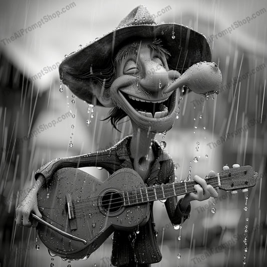 Black and White Rainy Street Musician AI MidJourney Image Prompt, 9677 Animation & Cartoons, midjourney, black and white, rain, street musician, guitar, illustration, moody, creative, emotive, detailed, rainy day, street performance, music, wet street, atmospheric, artwork, singing, urban scene, night street, musician, ambiance, Midjourney, Ai, Ai Image Prompt, Image Prompt, Prompt