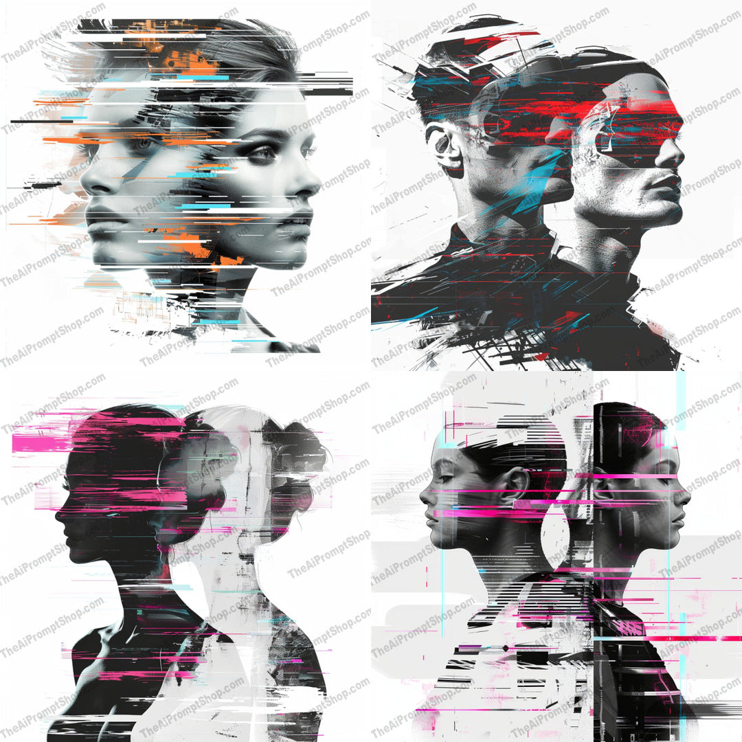 Glitched Portrait Art AI MidJourney Image Prompt, 8649abstract, Ai, Ai Image Prompt, artistic, color streaks, contemporary, creative, decor, digital art, distorted, edgy, futuristic, glitch, glitch effect, Image Prompt, innovation, midjourney, modern, portrait, portrait art, Portraits & People, Prompt, stylized, technology, vibrant, visual art