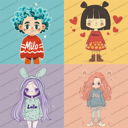 Cute Character Illustrations AI MidJourney Image Prompt, 8905 Character Art, midjourney, cute characters, whimsical art, children illustrations, playful design, storybook style, funny characters, happy kids, illustrative art, unique hairstyles, fashionable outfits, adorable faces, creative projects, kids art, digital illustrations, art for children, cartoon style, creative kids, cute designs, kids fashion, lovely characters, Midjourney, Ai, Ai Image Prompt, Image Prompt, Prompt