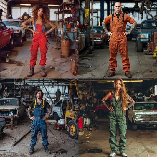 Mechanic Fashion in the Garage AI MidJourney Image Prompt, 9512 Character Art, midjourney, mechanic, fashion, garage, style, overalls, industrial, vintage cars, authentic, rugged, aesthetic, hard work, dedication, modern, colorful overalls, tattoos, edgy, raw, composition, industrial backdrop, vintage vehicles, Midjourney, Ai, Ai Image Prompt, Image Prompt, Prompt
