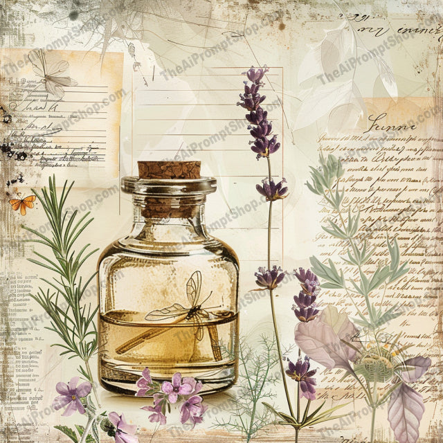 Vintage Botanical Elixir Art AI MidJourney Image Prompt, 8661Ai, Ai Image Prompt, antique, apothecary, art, botanical, bottles, brown leaves, detailed, dragonfly, earthy tones, elixir, Florals, green bottle, handwritten notes, herbs, illustration, Image Prompt, lavender, midjourney, natural aesthetic, pink elixir, plants, Prompt, purple flowers, rustic, vintage