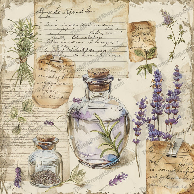 Vintage Botanical Elixir Art AI MidJourney Image Prompt, 8661Ai, Ai Image Prompt, antique, apothecary, art, botanical, bottles, brown leaves, detailed, dragonfly, earthy tones, elixir, Florals, green bottle, handwritten notes, herbs, illustration, Image Prompt, lavender, midjourney, natural aesthetic, pink elixir, plants, Prompt, purple flowers, rustic, vintage