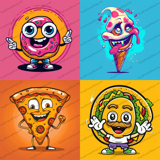 Cute Food Characters AI MidJourney Image Prompt, 8993 Animation & Cartoons, midjourney, cute, food, characters, donut, ice cream, pizza, taco, animated, playful, whimsical, vibrant, expressive faces, fun, cartoon, illustration, colorful, happy, cheerful, kawaii, adorable, Midjourney, Ai, Ai Image Prompt, Image Prompt, Prompt