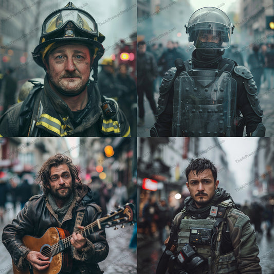 Urban Heroes AI MidJourney Image Prompt, 9243 Animation & Cartoons, midjourney, urban, heroes, gritty, realistic, firefighter, police, musician, city, life, gear, roles, street, setting, faces, blurred, uniforms, instruments, occupations, action, backgrounds, Midjourney, Ai, Ai Image Prompt, Image Prompt, Prompt