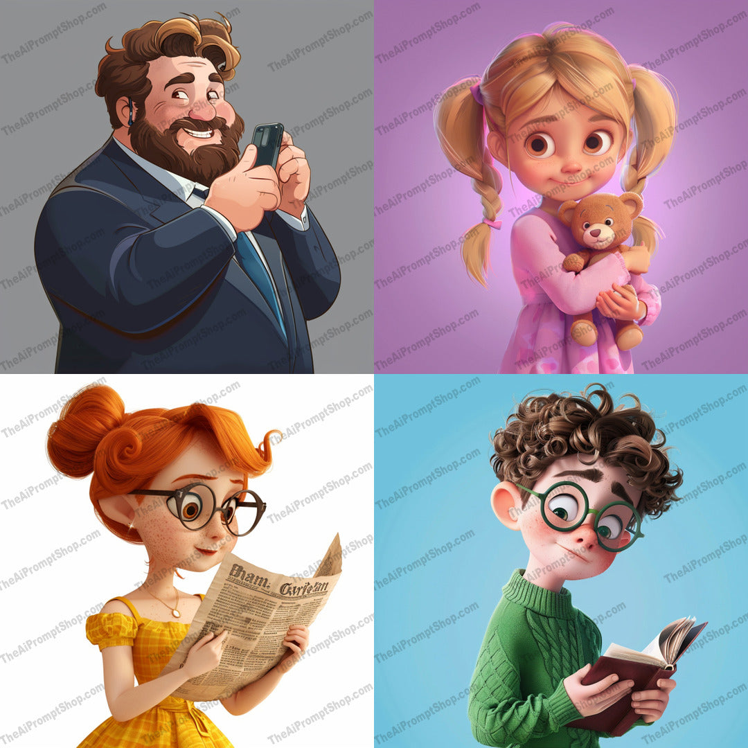 Character Illustrations AI MidJourney Image Prompt, 8705 Character Art, midjourney, character art, digital illustration, character design, businessman, girl with pigtails, teddy bear, woman reading, boy with book, stylized characters, graphic art, creative illustration, cartoon style, artistic rendering, expressive characters, modern design, family-oriented, engaging art, professional illustration, unique style, colorful characters, Midjourney, Ai, Ai Image Prompt, Image Prompt, Prompt
