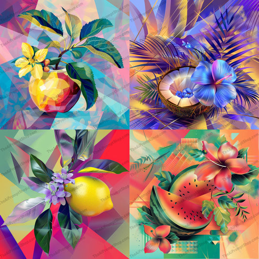 Vibrant Fruit and Floral Art AI MidJourney Image Prompt, 8791 Florals, midjourney, vibrant, digital painting, colorful, fruit, floral, geometric patterns, bold, lively, dynamic, eye-catching, art, decor, modern, tropical, bright, fruit art, floral art, nature, contemporary, abstract, Midjourney, Ai, Ai Image Prompt, Image Prompt, Prompt