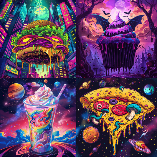 Cosmic Neon Food Fantasy AI MidJourney Image Prompt, 8038AI image prompts, artistic exploration, colorful food art, cosmic creations, cosmic food art, cosmic illustrations, creative inspiration, creative prompts, fantasy desserts, fantasy food, fantasy food art, food fantasy, food in space, imaginative designs, midjourney, neon vibes, otherworldly food, surreal food, vibrant art