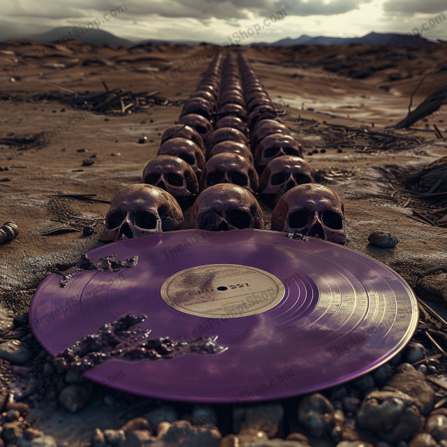 Skulls in Landscapes AI MidJourney Image Prompt, 9619 — A single image with an eerie post-apocalyptic landscape, featuring long lines of skulls mixed with… — product preview image 3