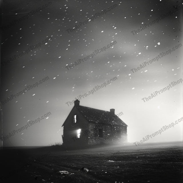 Ethereal Nightscape AI MidJourney Image Prompt, 8651Ai, Ai Image Prompt, atmospheric, black and white, dream-like, dreamy, ethereal, fantasy, fog, forest, glowing orbs, houses, Image Prompt, lighthouse, midjourney, moody, mysterious, mystical, night, nightscape, otherworldly, Prompt, Scary & Horror, seaside, surreal, whimsical