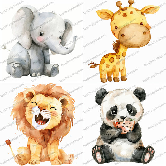 Cute Baby Animals AI MidJourney Image Prompt, 8669 Animals, midjourney, cute, baby animals, watercolor, elephant, giraffe, lion, panda, illustration, adorable, gentle colors, charming expressions, kids room decor, nursery art, animal art, children's illustration, soft colors, watercolor animals, cartoon animals, playful, sweet animals, Midjourney, Ai, Ai Image Prompt, Image Prompt, Prompt