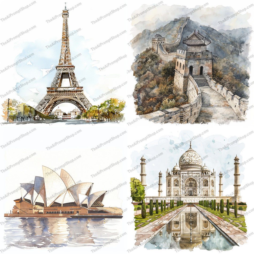 World's Iconic Landmarks AI MidJourney Image Prompt, 9062 Landscapes & Paintings, midjourney, Eiffel Tower, Great Wall of China, Sydney Opera House, Taj Mahal, landmarks, world wonders, architecture, watercolor, art, historic sites, travel, tourism, cultural heritage, iconic buildings, monuments, paintings, artistic rendering, global landmarks, historic landmarks, famous places, Midjourney, Ai, Ai Image Prompt, Image Prompt, Prompt