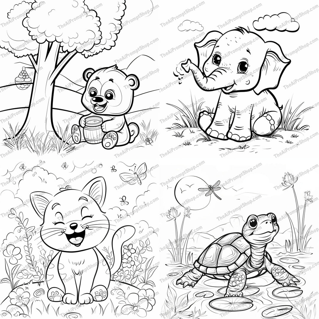 Cute Animal Coloring Page AI MidJourney Image Prompt, 8737 Coloring Pages, midjourney, cute, animal, coloring, page, bear, elephant, cat, turtle, kids, illustration, cartoon, drawing, fun, playful, adorable, nature, line art, black and white, activity, childrens art, Midjourney, Ai, Ai Image Prompt, Image Prompt, Prompt