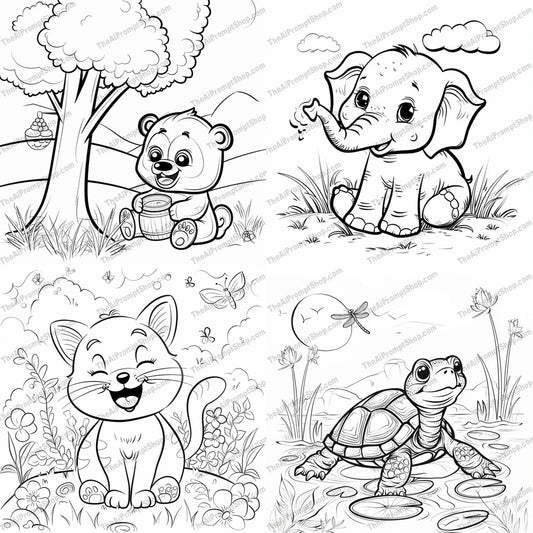 Cute Animal Coloring Page AI MidJourney Image Prompt, 8737 Coloring Pages, midjourney, cute, animal, coloring, page, bear, elephant, cat, turtle, kids, illustration, cartoon, drawing, fun, playful, adorable, nature, line art, black and white, activity, childrens art, Midjourney, Ai, Ai Image Prompt, Image Prompt, Prompt