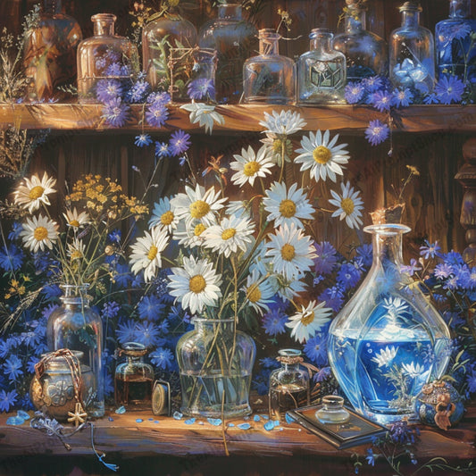 Ethereal Floral Potion Lab AI MidJourney Image Prompt, 9657 Fantasy, midjourney, ethereal, floral, potion, lab, magic, whimsical, enchanting, flowers, daisies, roses, sunflowers, vintage, books, mystical, lights, glass, bottles, fantasy, botanical, charming, Midjourney, Ai, Ai Image Prompt, Image Prompt, Prompt